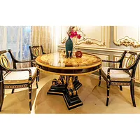 高度に洗練されたビクトリア朝様式の木彫りのダイニングルームの家具豪華なアンティークの寄木細工の象眼細工の椅子付きの丸いダイニングテーブル