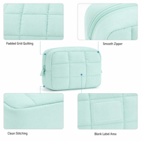 Pochette de maquillage en coton matelassé vert menthe, pochette cosmétique douce, trousse de toilette de voyage avec fermeture éclair, étui de rangement portable pour femmes