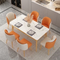 Ensemble de table à manger en pierre frittée effet marbre, rectangulaire, 6 places, chaises tubulaires, pieds en bois effilés, meubles de salle à manger pour la maison