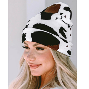 Conception de vache hiver <span class=keywords><strong>tricot</strong></span> bonnet motif Animal chaud <span class=keywords><strong>tricot</strong></span>é chapeau hiver <span class=keywords><strong>tricot</strong></span> roulé noir vache taches imprimé chaud bonnet chapeau - Product Image 5