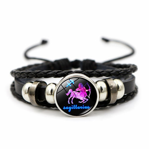 Customizable Retro Multi-Layered Adjustable Handmade 12 Zodiac Alloy Braided Black <b>Leather</b> <b>Bracelet</b> - Product Image 4