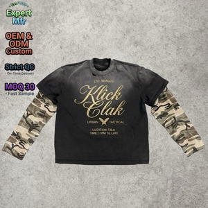 <span class=keywords><strong>T</strong></span>-<span class=keywords><strong>Shirt</strong></span> Personalizzata con Effetto Acid Wash a Strati, Maniche Mimetiche, Grafica 2 in 1, Manica Lunga, Stile <span class=keywords><strong>Vintage</strong></span> Distressed Y2K Streetwear - Product Image 1