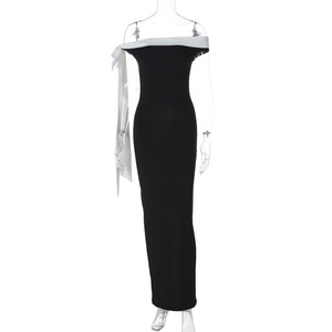 Hot Sale <span class=keywords><strong>Robe</strong></span> <span class=keywords><strong>Longue</strong></span> de Soirée Femme Chic Asymétrique <span class=keywords><strong>Noire</strong></span> Moulante Coupe Droite Épaules Dénudées - Product Image 5