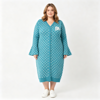 Robe grande taille personnalisée pour femme, en maille jacquard turquoise, col en V, broderie chenille, manches évasées, faible MOQ