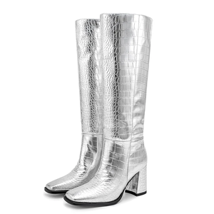 Silver Braid Grid Women Knee High <b>Boots</b> Chunky Heels Stone Prints Shoes on Wide Fit Square Toe Long <b>Boots</b> - Product Image 3
