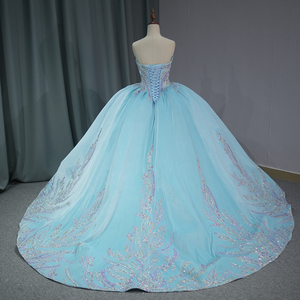 ชุดเดรสสีฟ้าสำหรับงาน Quinceanera ประดับลูกไม้ ปักเลื่อมวิบวับ ผ้าออร์แกนซ่า เปิดไหล่ สำหรับงาน Sweet 16 รุ่น Dy6831 - Product Image 4