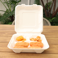 Boîtes alimentaires biodégradables en bagasse de canne à sucre à 3 compartiments, type clamshell, 8x8 et 9x9 pouces, pour plats à emporter