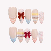 Faux ongles à presser mignons, faits main en acrylique, avec nœud rouge 3D, perles et confettis, personnalisables, vente en gros, pour rendez-vous et thé de l'après-midi