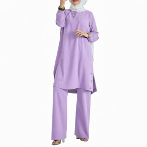Abaya en coton violet pour femme, robe modeste à manches longues, ourlet asymétrique, coupe ample, col rond, couleur unie, tenue quotidienne, vêtement musulman - Product Image 2