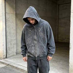 Sudadera con capucha y cremallera para hombre, de algodón de alta calidad, estilo vintage lavado, talla grande, con pedrería, superventas 2026, para otoño - Product Image 2