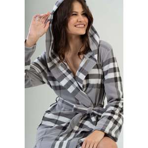 Bata con capucha de franela a cuadros gris para mujer, manga larga, suave, ropa de dormir, bata informal - Product Image 5