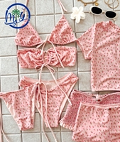 Baju Renang Wanita High Waist Tie Side Dua Potong Motif Cetak Bikini Set Pakaian Renang Bertekstur Berhias Manik-Manik OEM 2026