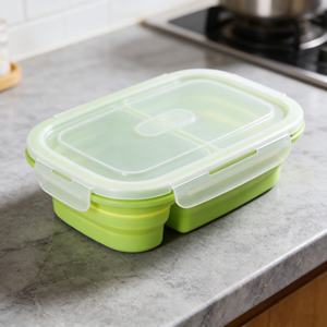 Boîte à lunch pour enfants compatible micro-ondes, récipient de stockage alimentaire en silicone, couvercle en plastique, anti-fuite, écologique, pliable, boîte bento - Product Image 6