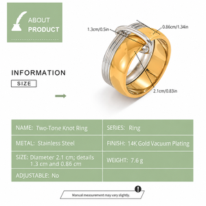 Bague à nœud bicolore en acier inoxydable plaqué or 14K sous vide, large bande entrelacée avec détail nervuré argenté - Product Image 3