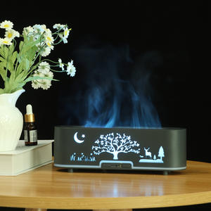 Wood Grain Simulated Flame Humidifier 0.5L With <b>Night</b> Scene Deer <b>Moon</b> <b>Light</b> Aroma Diffuser For Home Use - Product Image 1