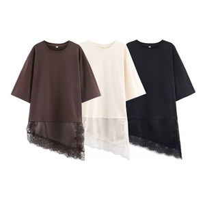 Nuova Moda 2026: T-shirt da Donna con Collo Tondo, Maniche Corte, Asimmetrica, <span class=keywords><strong>in</strong></span> Canapa e <span class=keywords><strong>Pizzo</strong></span> - Product Image 1