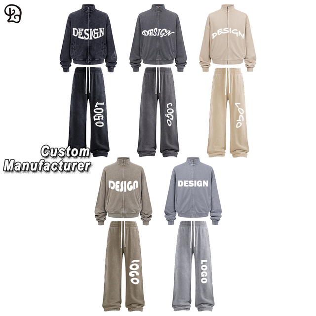 Custom Letter Print Design Logo Tracksuit Stand Collar Sweatshirt Wide Leg Pants Vintage Wash 2 Piece Set Casual Man Streetwear