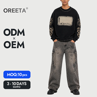 Ensemble de survêtement vintage streetwear pour homme avec logo personnalisé, sweat-shirt à manches léopard orné de strass et jean cargo déchiré, OEM ODM, 2 pièces