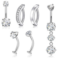 Lot de 6 Piercings de Nombril Unisexe en Acier Inoxydable, Forme Cœur Entièrement Sertie de Diamants, Bijoux de Corps