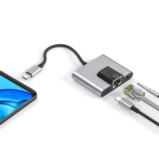 Type-C to Ethernet LAN Network Adapter Hub USB C to 3.5mm Audio PD Fast Charging Docking Station for Laptop Mobile Phone Tablet