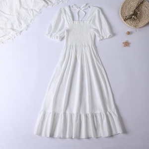 Vestidos de chifón plisados de verano para mujer, vestidos casuales de playa para vacaciones, manga corta, cuello cuadrado, vestido midi para mujer - Product Image 2