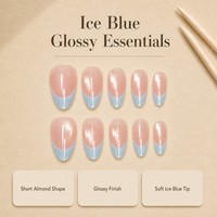 Y151 Kaixin Faux ongles à presser, bleu glace, French manucure, effet œil de chat, bleu intérieur, bord français, forme amande, finition brillante, Nail Art