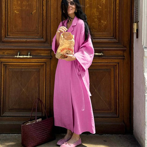 Elegante Chic da donna avvolgente in lino <span class=keywords><strong>rosso</strong></span> con risvolto a maniche <span class=keywords><strong>Kimono</strong></span> con cintura lunga Maxi abito Casual elegante per l'estate tinta unita naturale - Product Image 3