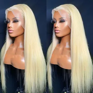 Perruque Lace Wig sans colle naturelle, cheveux bruts de qualité supérieure, pre-plucked, 40 pouces, couleur Blonde 613