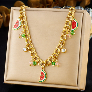 Watermelon Pendant Necklace Stainless Steel Double Layer Chain Fruit Charm Jewelry Fashion Accessory - Product Image 1