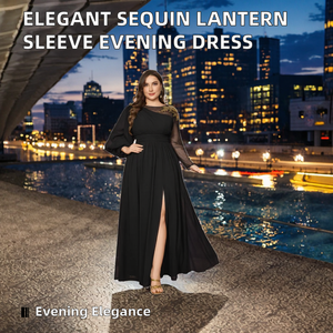 Vestido de Noche Elegante y Formal con Manga Linterna Asimétrica, Cuello Redondo, Lentejuelas Bordadas de Lujo y Cintura Imperio Ajustada - Product Image 2