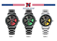Montre à quartz pour homme NS Never Stop N929, nouvelle montre tendance avec cadran rotatif en forme de roue de voiture, bracelet en acier inoxydable, livrée avec boîte.