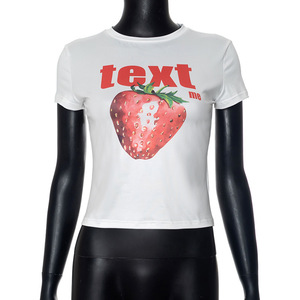 Loveda vendita calda all'ingrosso su misura di alta qualità <span class=keywords><strong>T</strong></span>-<span class=keywords><strong>Shirt</strong></span> Casual girocollo aderente con stampa di frutta Top corto da donna - Product Image 4