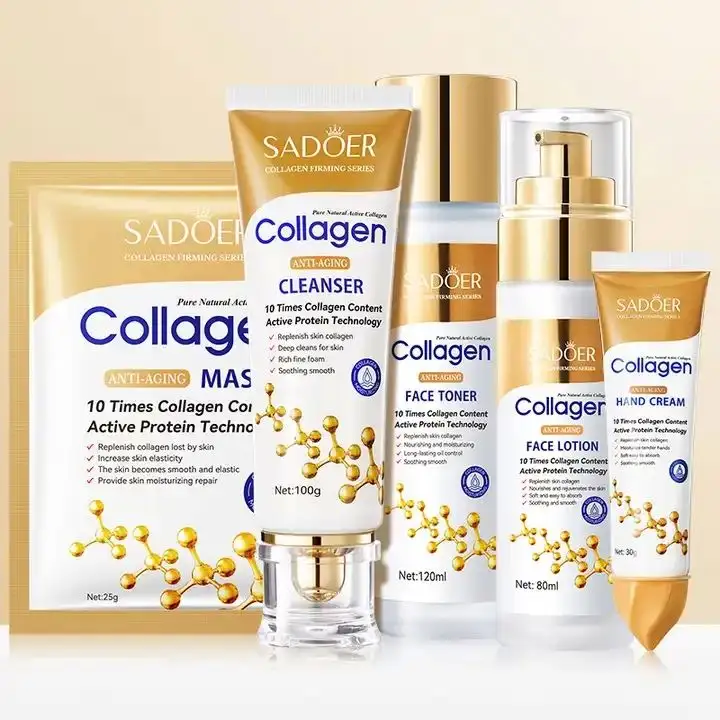 SADOER SPF60 + OEM vente en gros protéine de collagène crème éclaircissante éclaircissante blanchissante visage crème solaire anti-âge ensemble de soins de la peau