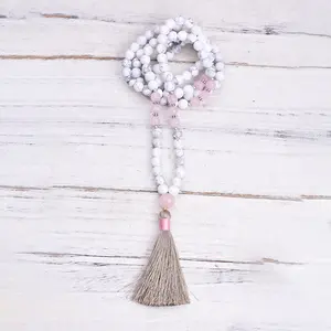 Healing 108 Mala Prayer Beads Luxury Long Tassel Necklace White Howlite Pink Rose Quartz Natural Stone Beads Necklace