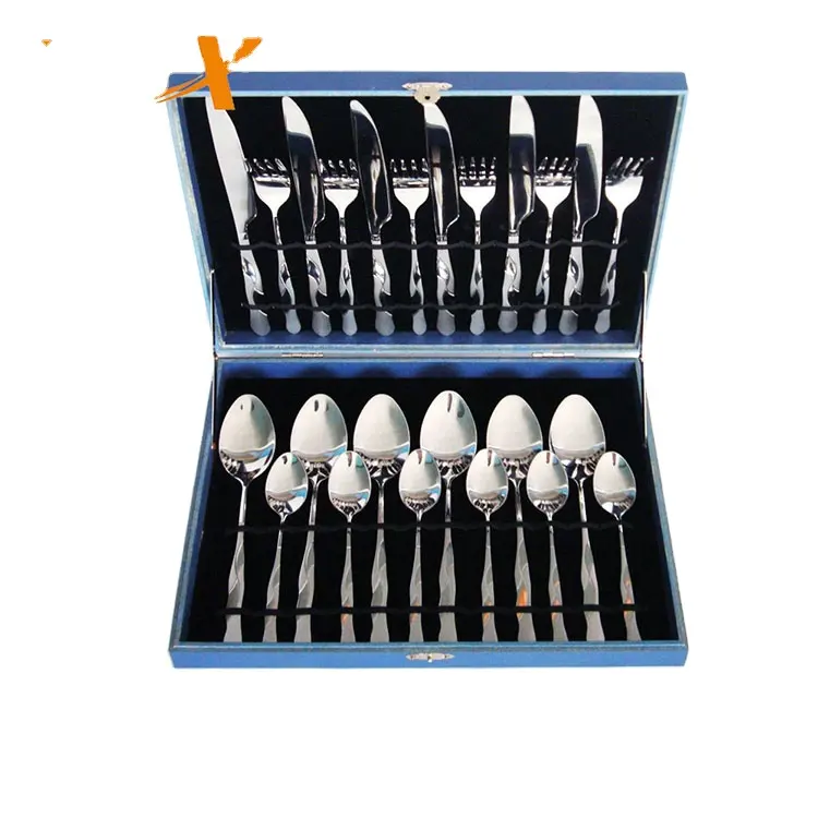 Whole custom set de cubiertos silver cutlery set with wooden box 24pcs cutlery set knife spoon fork for hotel home restaurant