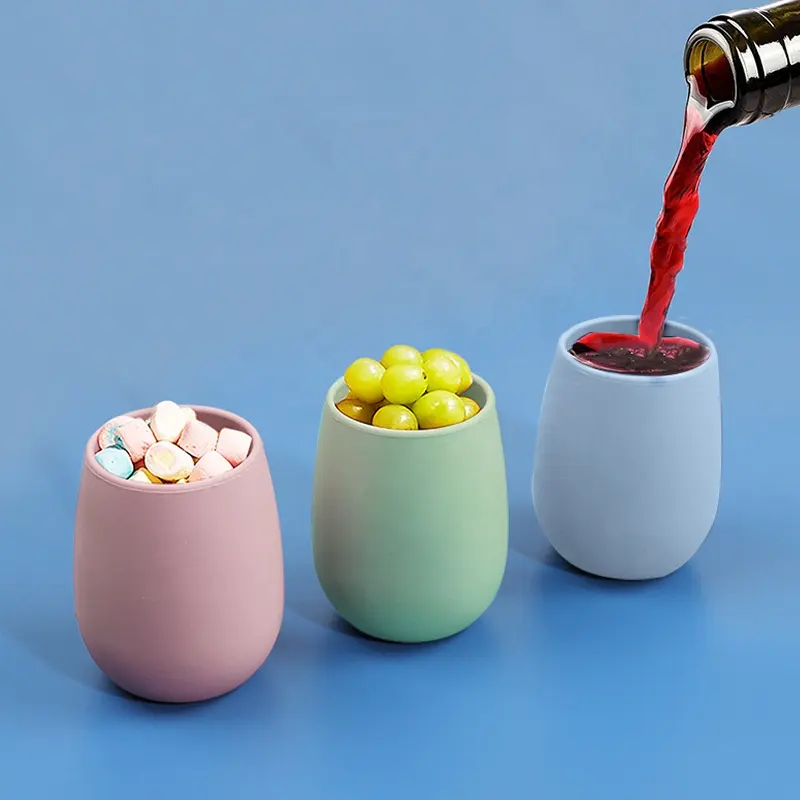 Wellfine 식품 학년 안티 가을 실리콘 와인 유리 독특한 Drinkware 계란 모양 야외 접이식 여행 실리콘 와인 텀블러 컵