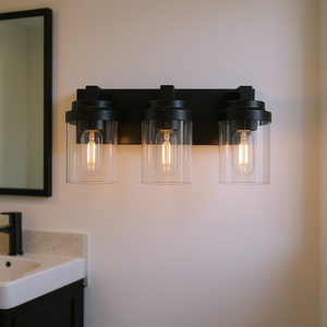 Lámpara de Baño de Hierro Negro Mate de 3 Luces con Pantalla de Vidrio Transparente, Estilo Industrial, Montaje en Superficie - Product Image 2