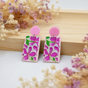 Orecchini pendenti dipinti con motivo floreale rosa, design rettangolare, gioielli alla moda da donna per feste, trendy, 15 pezzi - Product Image 3