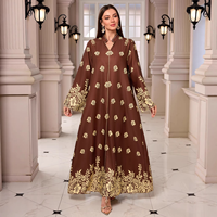 Robe longue élégante en polyester à imprimé floral, col montant orné de strass, style Abaya Kaftan Maxi pour femmes