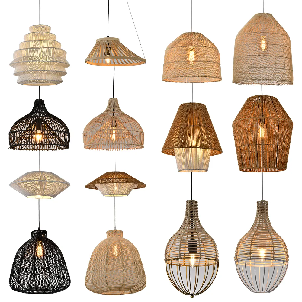 Großhandel handgemachte Wicker Hängelampen Rattan Art Pendel leuchte Kronleuchter Küchen insel Mimbre Lampara Bambus Web lampe