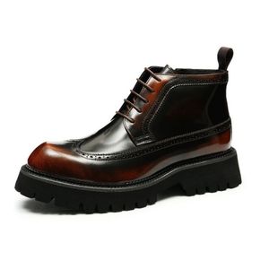 Genuine leather high-top men's business casual British engraved brogue boots, pointed <b>toe</b>, thick sole, shiny surface boots - Product Image 1