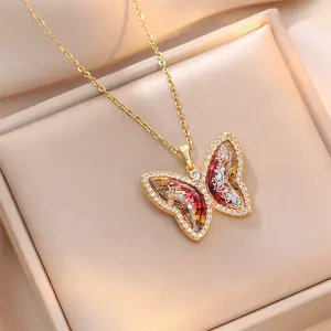 Kalung kupu-kupu kristal warna sederhana dan elegan, kalung mewah ringan, modis, Hari Valentine dan Hari Ibu baru