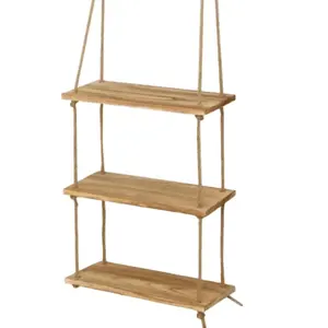 Étagères murales flottantes en bois de Paulownia, 3 niveaux, blanc poli, écologiques, style artisanal, antique, Europe, support de rangement avec corde, pour intérieur - Product Image 1