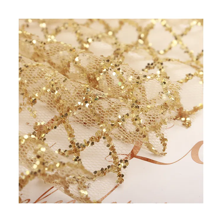 Popular tulle mesh bridal wedding sequin polyester glitter dress gold tulle fabric lattice home textile