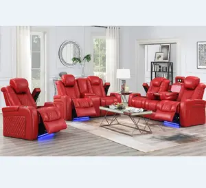 Conjunto de sofá eléctrico de cuero para sala de estar, conjunto de sofás reclinables de lujo con LED y portavasos, 3, 2 y 1