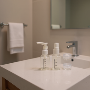 Ensemble de voyage pour articles de toilette (4 pièces) : Flacon pulvérisateur 35 ml, Flacon à pression 50 ml, 2 flacons de crème de 10 g - Product Image 1