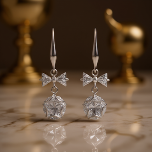 Orecchini Pendenti E894 in Oro Bianco con Fiocco e Cristalli, Gioielli Classici da Sposa per Donna - Product Image 2