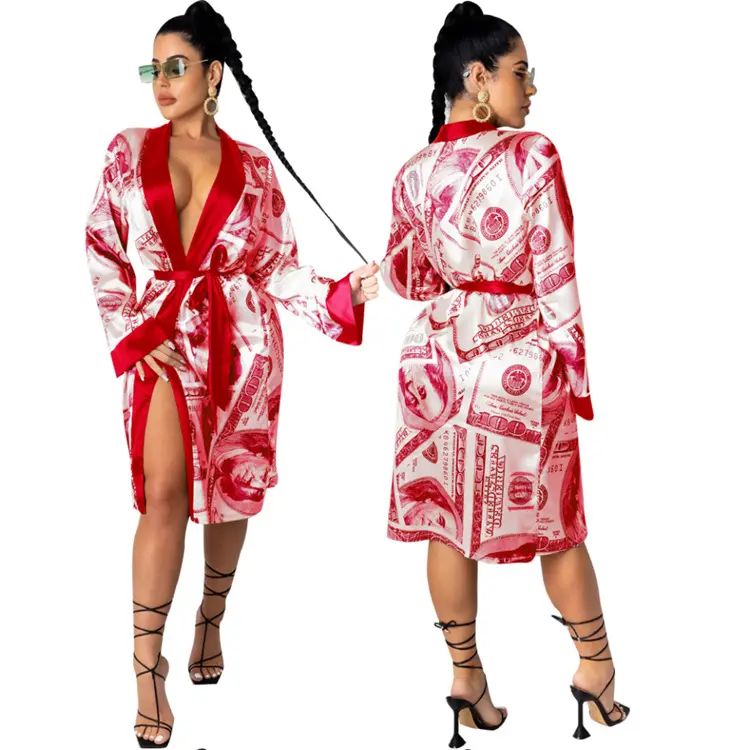 New Arrival Women Printed Money Sexy Sleepwear Satin Pajama Set Robes Nightdress