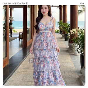 Robe longue à volants en mousseline florale pour femme, col en V, bretelles spaghetti, style bohème, coupe trapèze ample, pour l'été et les vacances, prix abordable, style Ruzimay, ODM - Product Image 2