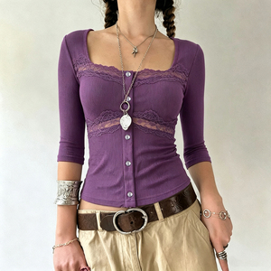 Camiseta de punto para mujer con cuello redondo, encaje acanalado y patchwork, manga tres cuartos, de elastano/poliéster, para otoño - Product Image 1